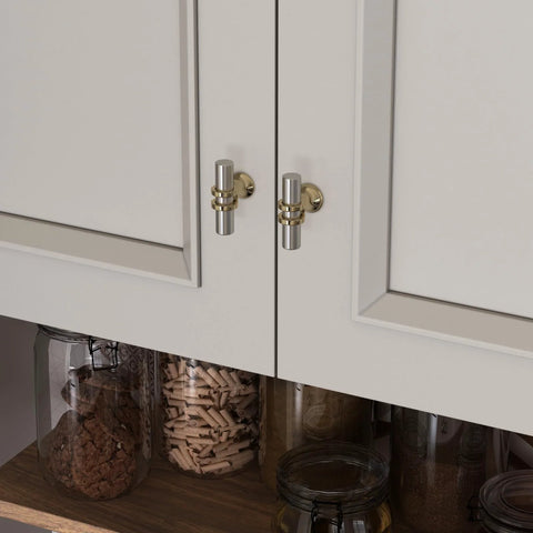 10 Pack Brushed Nickel Cabinet Knobs and Silver Gold Knobs on kitchen cabinet doors, modern hardware with durable zinc alloy construction.