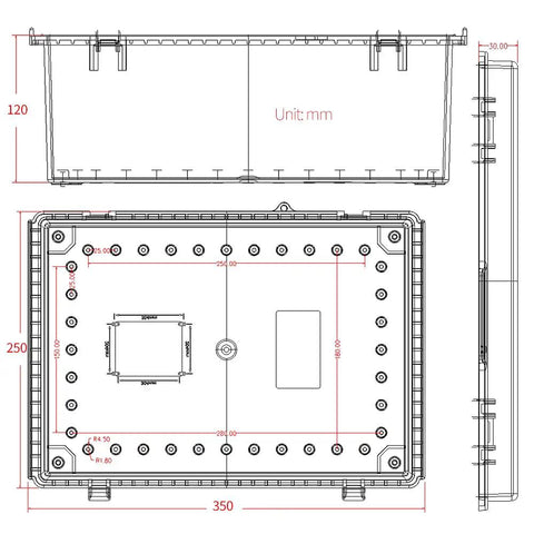 Technical drawing of Watertight Electrical Junction Box With Mounting Plate And Clear Hinged Cover, dimensions labeled in mm
