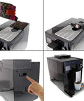 Top Shelf Bean To Cup Coffee Machine No Sweat Slick Operation 15 Bar Pressure with beans being added and cup filling.