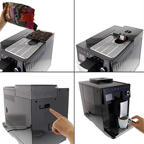 Top Shelf Bean To Cup Coffee Machine No Sweat Slick Operation 15 Bar Pressure with beans being added and cup filling.
