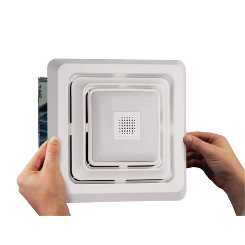 Bluetooth Speaker Bath Exhaust Grille Cover With LED Light For Bathroom Fans White Finish, hands holding grille for install