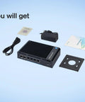 Rock Solid Fanless Router Firewall Mini PC With Dual SFP Fiber and Quad LAN Ports, accessories including power adapter, cable, and manual.