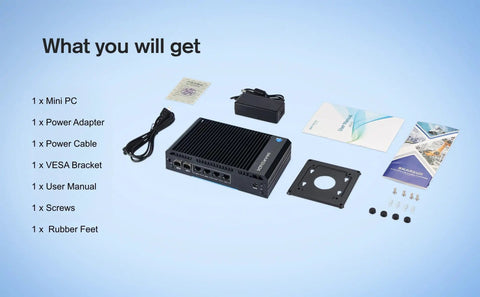 Rock Solid Fanless Router Firewall Mini PC With Dual SFP Fiber and Quad LAN Ports, accessories including power adapter, cable, and manual.