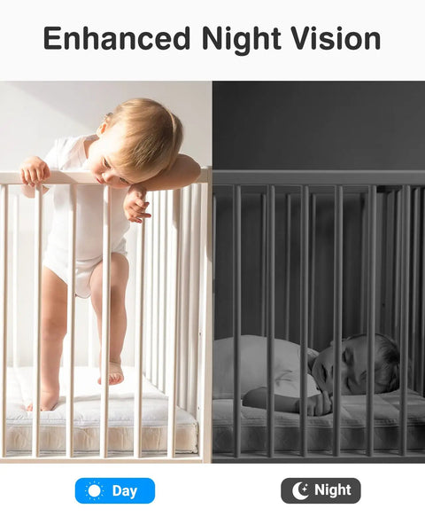Day and night view of baby in crib monitored by Crater 2K WiFi Pan Tilt Security Cam For Home, 3MP Baby And Pet Monitor.