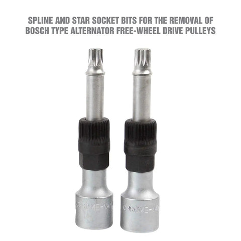 Spline and star bits from 13 Piece Alternator Pulley Tool Set For Easy Decoupler Removal And Install Automotive Pulley Puller Kit