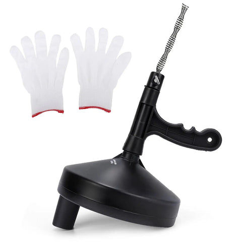 Heavy Duty 33 Foot Plumbing Snake Auger with gloves, designed for clearing sink and toilet clogs easily.