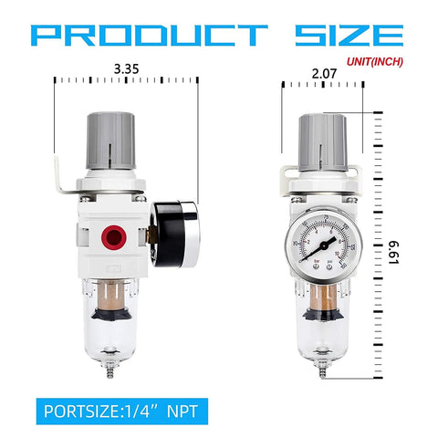 One Quarter Inch NPT Air Filter Regulator Combo With Piggyback 5 Micron Brass Filter Element, poly bowl, gauge showing dimensions