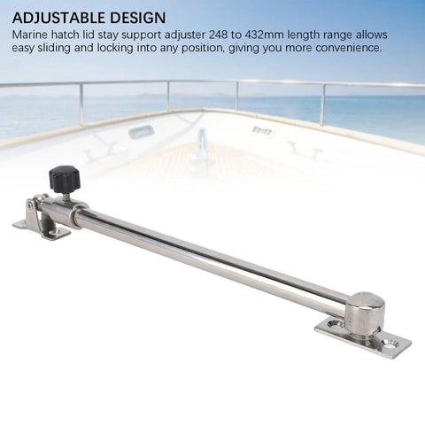 Adjustable boat hatch window support rod in marine-grade stainless steel with black knob and mounting base