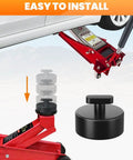 4 Pack Rubber Jack Pads For Corvette C5 C6 C7 C8 Non Slip Floor Jack Pucks shown installed on red floor jack lifting a vehicle.