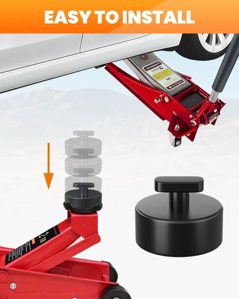 4 Pack Rubber Jack Pads For Corvette C5 C6 C7 C8 Non Slip Floor Jack Pucks shown installed on red floor jack lifting a vehicle.