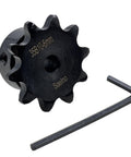 ANSI 35 Roller Chain Sprocket Type B With 6mm Bore And 10 Teeth For 3/8 Inch Pitch Drive Sprockets Hardened ANSI 1045 Steel Antirust Gear No Keyway Two Setscrews At 90 Degrees shown with wrench