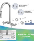 HURRAN Wall Mount Kitchen Faucet with Pull Down Sprayer, Brushed Nickel Kitchen Sink Faucet, 8 Inch 2 Handle with adjustable distance.