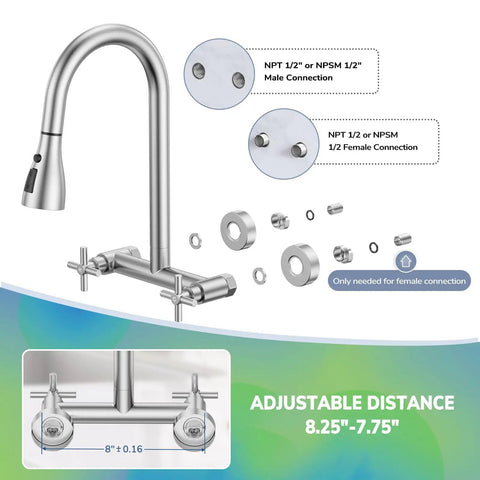HURRAN Wall Mount Kitchen Faucet with Pull Down Sprayer, Brushed Nickel Kitchen Sink Faucet, 8 Inch 2 Handle with adjustable distance.