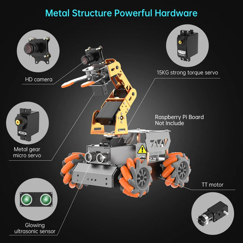HIWONDER 5DOF AI vision robotic arm on orange mecanum chassis with HD camera and ultrasonic sensor; RPi not included.