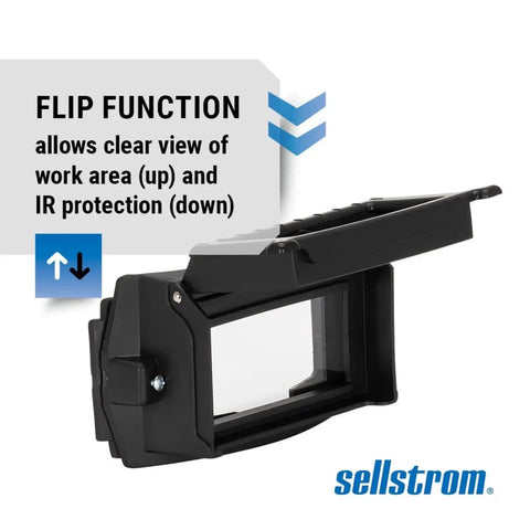Flip Front Adapter For Welding Helmets With Nylon Lift Front Retainer, showing flip function with clear view and IR protection.