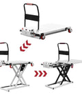 Heavy Duty Electric Scissor Lift Table With Hydraulic Cart For Flatbed Truck Moving, adjustable in height with sturdy wheels.