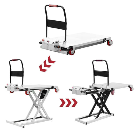Heavy Duty Electric Scissor Lift Table With Hydraulic Cart For Flatbed Truck Moving, adjustable in height with sturdy wheels.