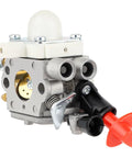 Close-up of Stihl And Zama Compatible Carburetor Kit For FS56RC Series Trimmers, showing metal components and red throttle lever.