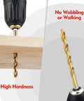 WORKPRO 9-piece titanium-coated HSS drill bit set with 1/4 in hex shank, drilling into wood