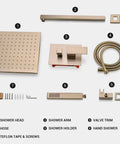 Real Deal Brushed Gold Rainfall Shower Kit With Handheld Sprayer Concealed Wall Mount Bath Fixture parts layout with shower head, arm, hose, and accessories.