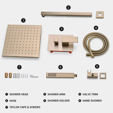 Real Deal Brushed Gold Rainfall Shower Kit With Handheld Sprayer Concealed Wall Mount Bath Fixture parts layout with shower head, arm, hose, and accessories.