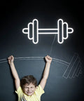 Child lifting chalk barbell under Barbell And Dumbbell Neon Sign For Home Gym Decor LED Neon Lights Wall Art That Pumps Up Sports Space Vibe