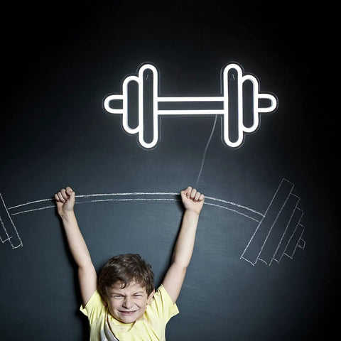 Child lifting chalk barbell under Barbell And Dumbbell Neon Sign For Home Gym Decor LED Neon Lights Wall Art That Pumps Up Sports Space Vibe