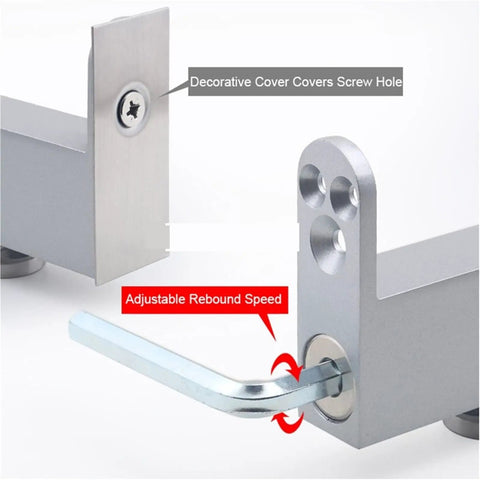 Close-up of Heavy Duty Door Pivot Hinges Delivering Auto Soft Close Action Plus Invisible Hidden Mounting, showing adjustable rebound speed.
