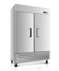 Fifty Four Inch 49 Cubic Foot Upright Commercial Freezer With Two Solid Stainless Steel Doors, ideal for restaurant cold storage.