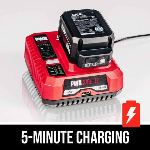 Cordless Reciprocating Saw Kit With Brushless 20V PWR CORE 20 Battery on red PWR Jump Charger for quick charging.