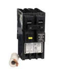 Front view of Homeline 20 Amp GFCI 2 Pole Breaker for 120 and 240V Plug In Mount with copper wire clamp terminal.