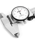 Close-up of Pro Grade Stainless Steel Dial Caliper 6 Inch Measuring Micrometer With Lockable Head, showing dial and jaws.