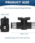 Side and top view of Four Pack 16mm Push To Connect Ball Valve Fittings For Pneumatic Systems, showing dimensions and connectors.