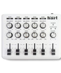Top view of Portable Five-Input Audio Mixer With Three 3.5mm Outputs, showing knobs and sliders for home or field recording.