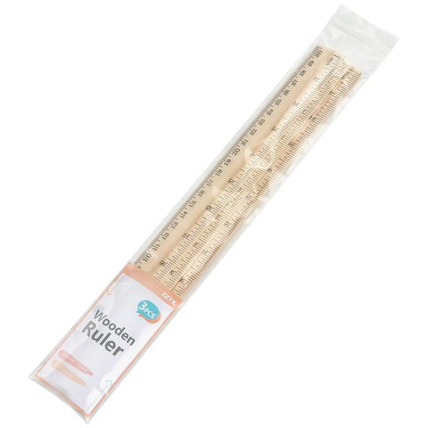 Three Pack 12 Inch Wooden Rulers With Dual Scale Imperial And Metric, Durable Smooth Finish, Sharp Markings, 1 16th Inch Graduations, Handy For Crafts, School, And DIY Woodworking. Packaged wooden rulers with dual scale