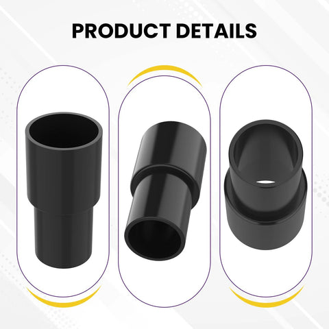 Two-piece black plastic vacuum hose adapter set for 1-3/8 OD to 1-1/4 ID connections; front, side and installed views.
