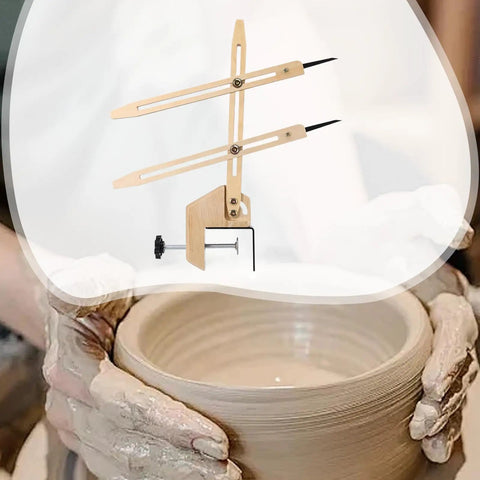 Portable Pottery Throwing Gauge Straight Up Essential For Beginners used on a pottery wheel with wooden measuring arms.