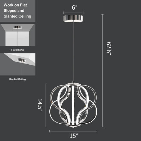 Modern LED Chandelier With Acrylic Design, Adjustable Hanging Ceiling Light for flat or slanted ceilings, dimensions included