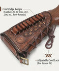Close-up of Vintage Leather No Drill Cheek Rest for Rifles and Shotguns with cartridge loops and adjustable cord lacing.