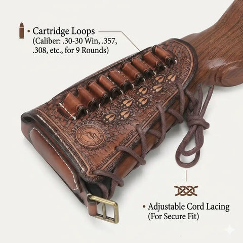 Close-up of Vintage Leather No Drill Cheek Rest for Rifles and Shotguns with cartridge loops and adjustable cord lacing.