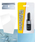 Windshield Chip Repair Kit With Curing Film and 2ml Crack Repair Fluid For SUVs, Trucks, Cars, Sedans, Pickups, Scooters, RVs And Outdoor Driving For Your Ride - Quick Fix For Scratches, Clear View, Pro-Grade Glass Repair displayed with resin bottle, curing films, and scraper tool.