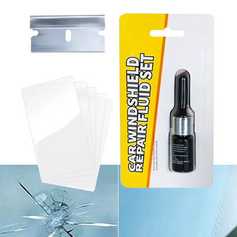 Windshield Chip Repair Kit With Curing Film and 2ml Crack Repair Fluid For SUVs, Trucks, Cars, Sedans, Pickups, Scooters, RVs And Outdoor Driving For Your Ride - Quick Fix For Scratches, Clear View, Pro-Grade Glass Repair displayed with resin bottle, curing films, and scraper tool.