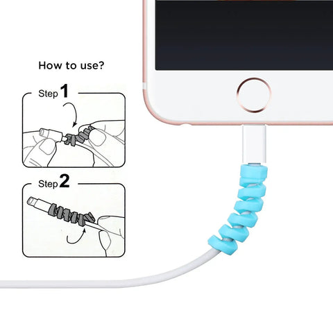 Image showing instructional steps for using the 24 Pcs Silicone Cable Protector Set Flexible Spiral USB Charger Cable Saver.