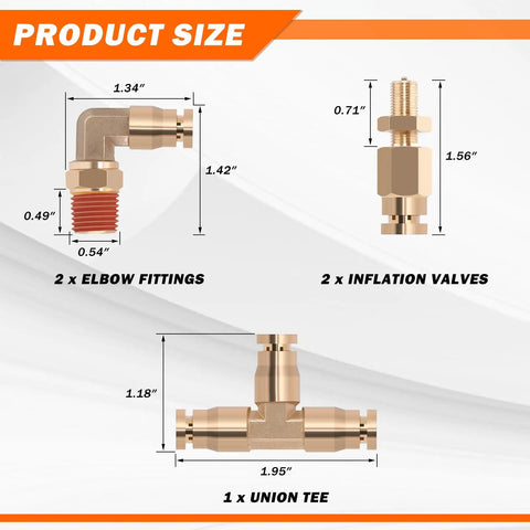 Beefed Up Air Line Kit For Air Spring Bag Suspension With Fittings, brass elbow and valve dimensions shown
