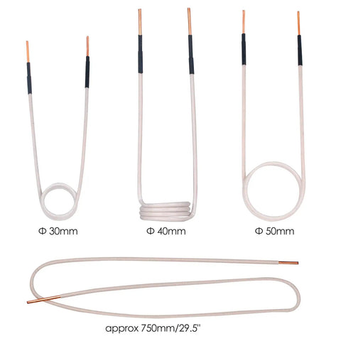 8 Piece Induction Heater Coil Kit For Flameless Bolt And Nut Removal With Pro Grade Heavy Duty Heat Resistant Coils Free Forming Coils In 30mm 40mm 50mm And 75mm Sizes For Rusty Bolts Nuts And Automotive Workshop Use on white background showing various coil sizes.
