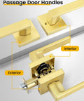 Brushed Gold Passage Door Handles 2 Pack For Interior Doors Keyless Non Locking Lever Set shown exterior and interior views