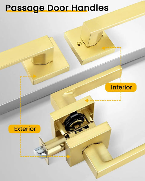 Brushed Gold Passage Door Handles 2 Pack For Interior Doors Keyless Non Locking Lever Set shown exterior and interior views