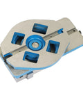 Rock Solid 3 Inch Precision CNC Milling Vise With Swivel Base, Beefy Jaw Locks Down Tight For Shaping Drilling A Straight Up Heavy Lifter For Your Workshop Projects Today, blue and metal swivel base.
