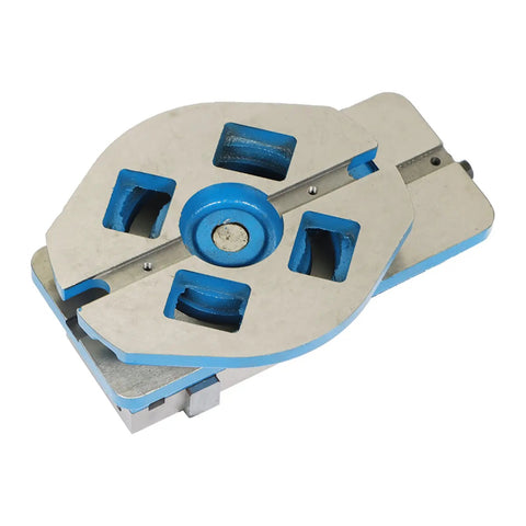Rock Solid 3 Inch Precision CNC Milling Vise With Swivel Base, Beefy Jaw Locks Down Tight For Shaping Drilling A Straight Up Heavy Lifter For Your Workshop Projects Today, blue and metal swivel base.