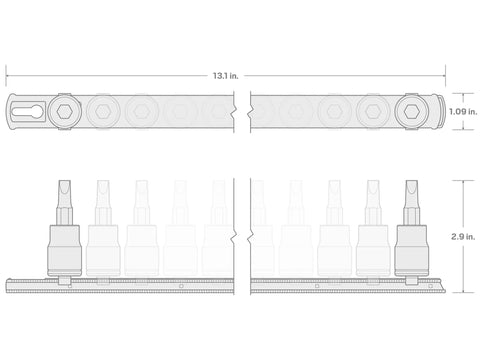Diagram showing dimensions of 1/2 Inch Drive Hex Bit Socket Set With Rail, 9-Piece (1/4-3/4 Inch), S2 Heat-Treated Steel Bits.